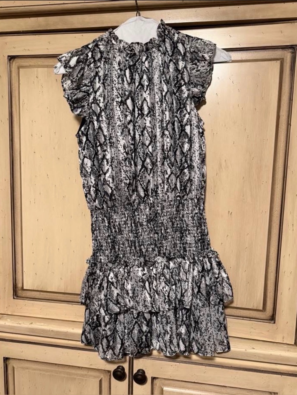 Snake Print Black & White Ruffle Hem Women’s Dress